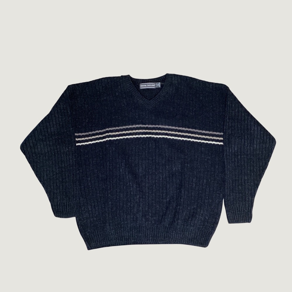 David Taylor V-Neck Sweater Mens XL Black Striped Ribbed Knit Vintage Preppy USA